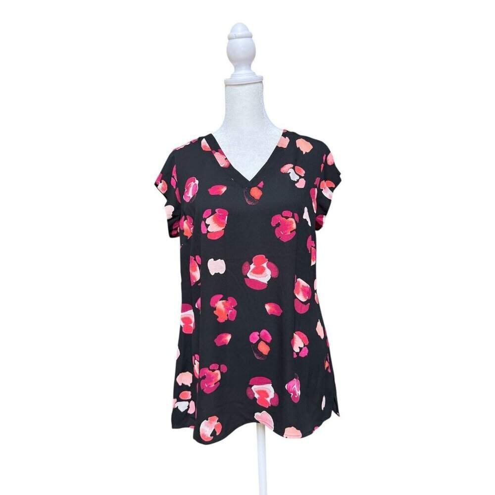 Cabi Floral V Neck Blouse Black Pink Short Sleeve Top Women Small